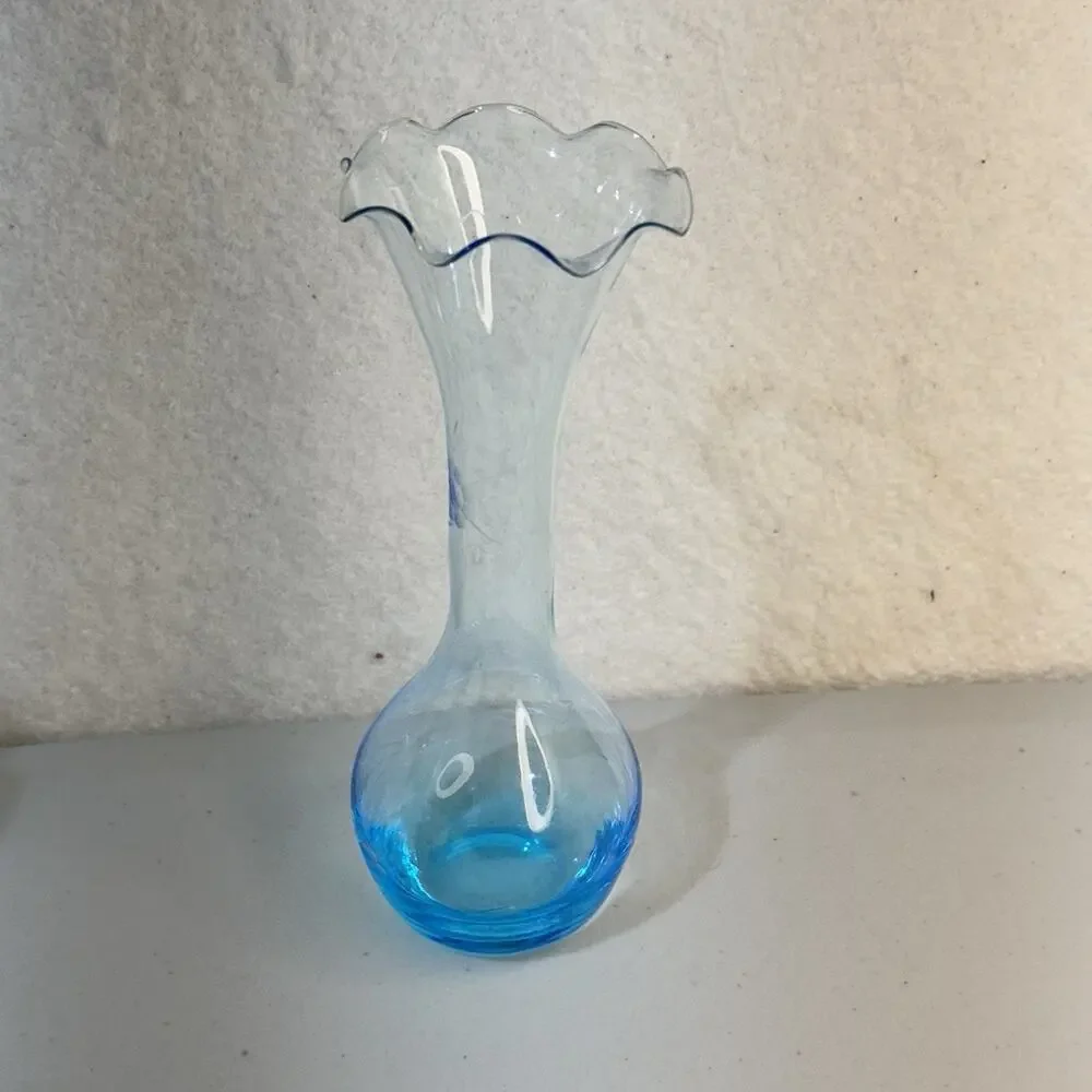 Handblown Blue Turquoise Glass Bud Vase Etched Flower Ruffled Edge Rounded Base